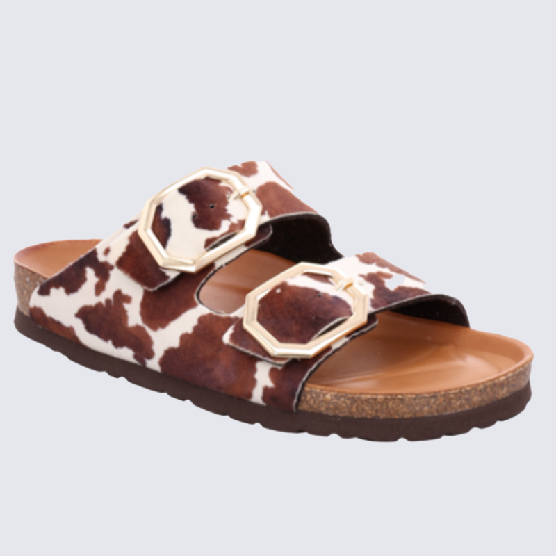 Mules Rohde, mules double bride femme en cuir imprimé vache marron