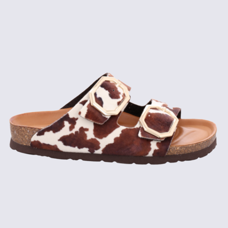 Mules Rohde, mules double bride femme en cuir imprimé vache marron