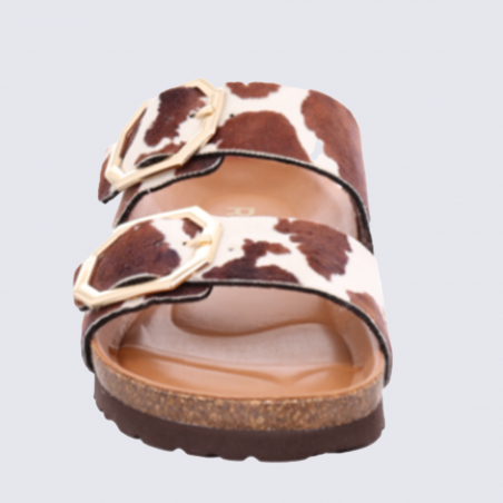 Mules Rohde, mules double bride femme en cuir imprimé vache marron