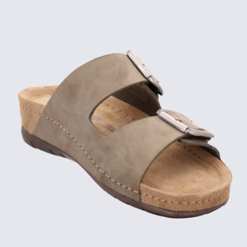 Mules Rohde, mules confort et durable double bride femme en cuir nubuck kaki
