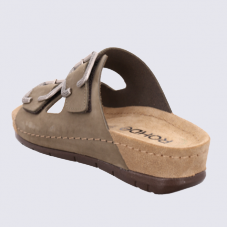 Mules Rohde, mules confort et durable double bride femme en cuir nubuck kaki