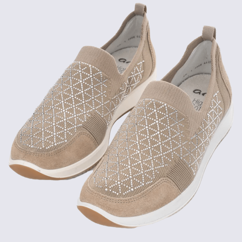 Mocassins Ara, mocassins élégants et confortables femme en textile sable argent