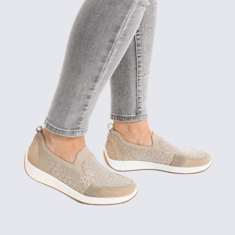 Mocassins Ara, mocassins élégants et confortables femme en textile sable argent