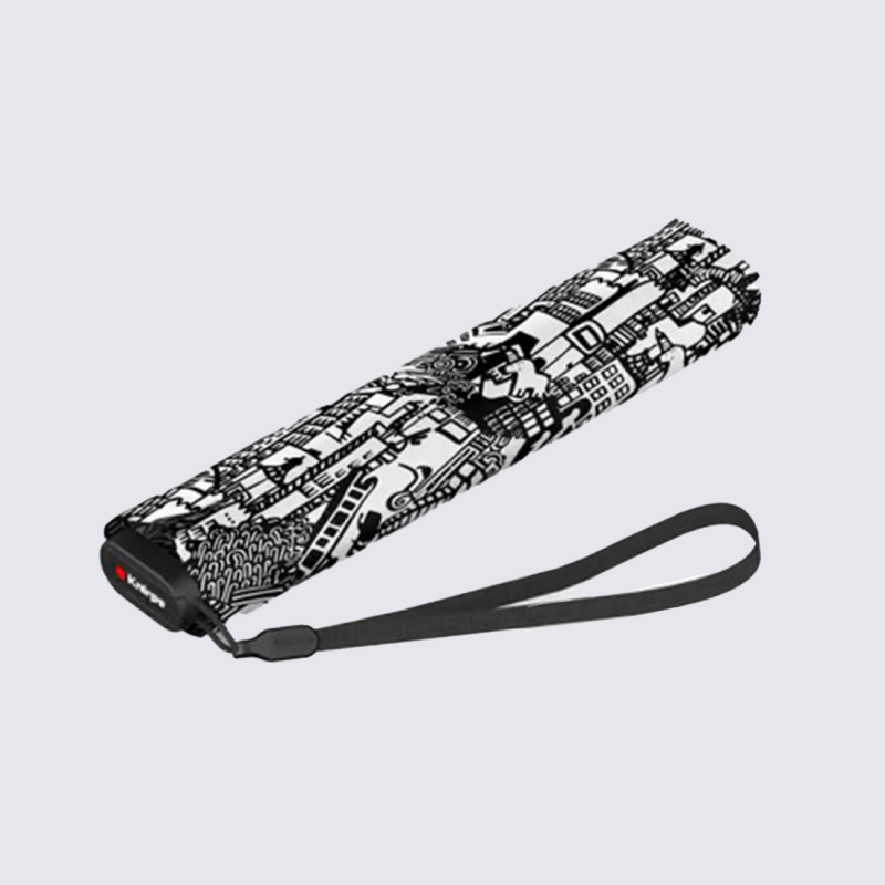 Parapluie US 050 Knirps, Parapluie slim ultra-léger mixte en polyester imprimé graphique noir et blanc
