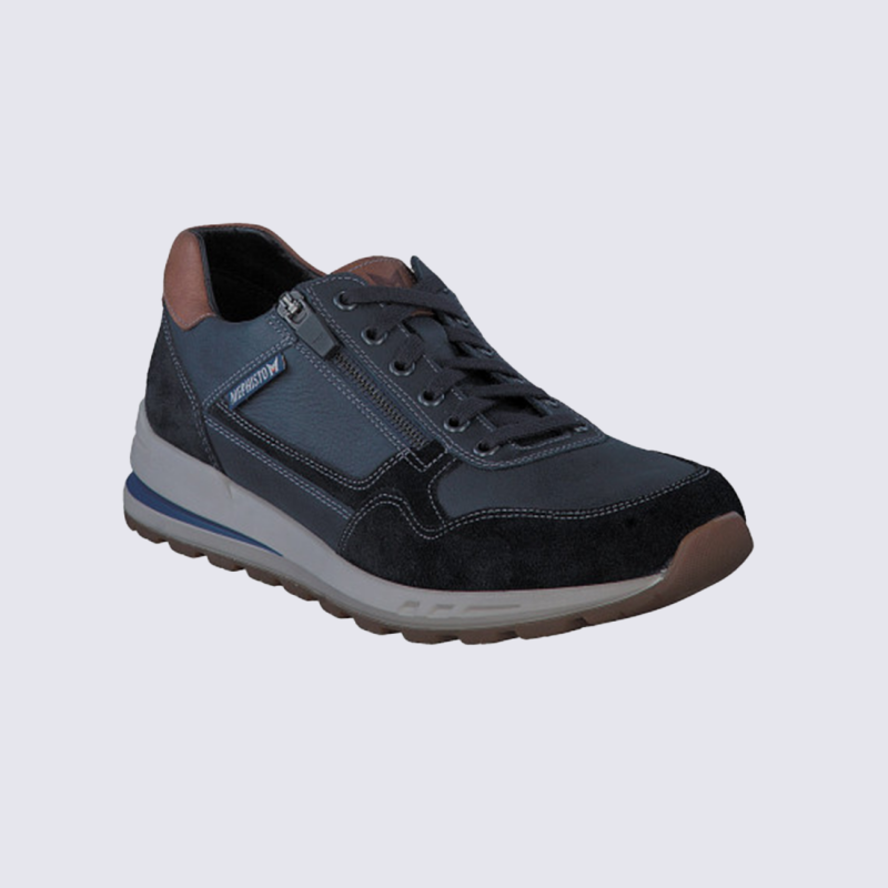 Baskets Mephisto, baskets basses confort homme en cuir lisse bleu