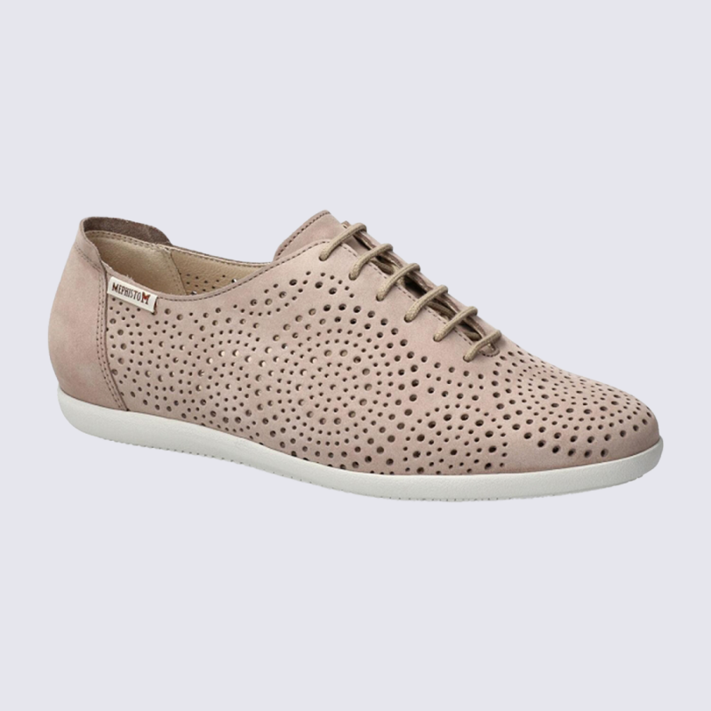 Chaussures Mephisto, chaussures perforées femme en cuir taupe clair