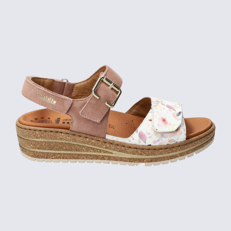 Sandales compensées, Sandales confort chic femme en cuir multicolore rose