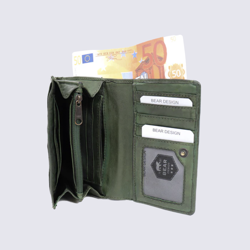 Portefeuilles Bear, portefeuilles à rabat femme en cuir vert