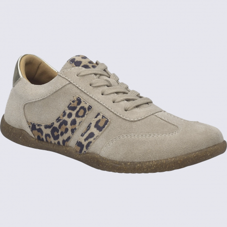 Sneaker JOSEF SEIBEL , sneaker femme en cuir velours beige imprimé léopard