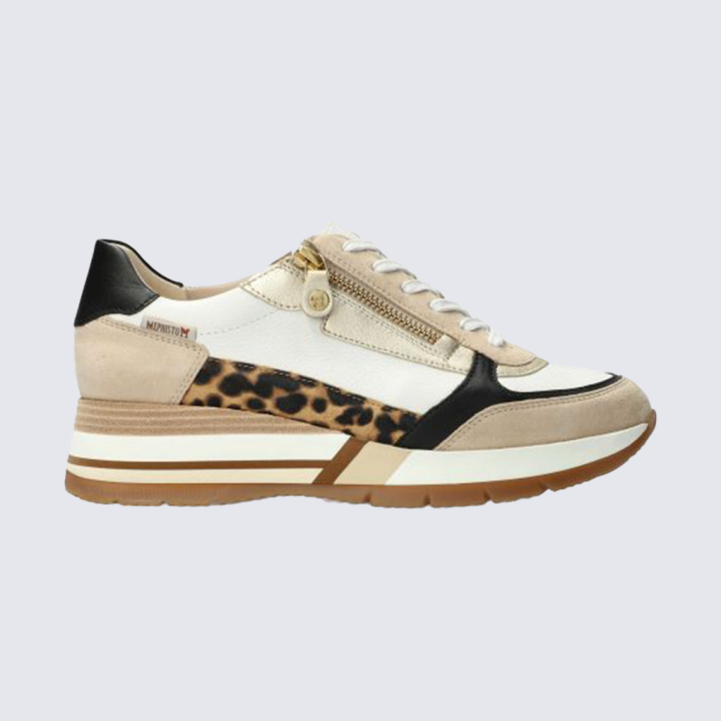Sneaker MEPHISTO, sneaker compensée femme en cuir beige multicolore avec zip latéral