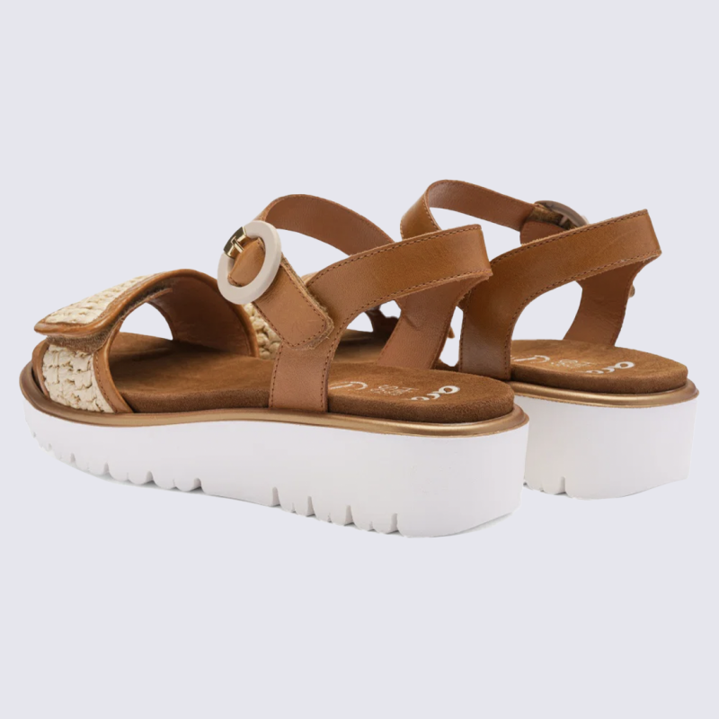 Sandale ARA, sandale compensée femme en cuir cognac nature