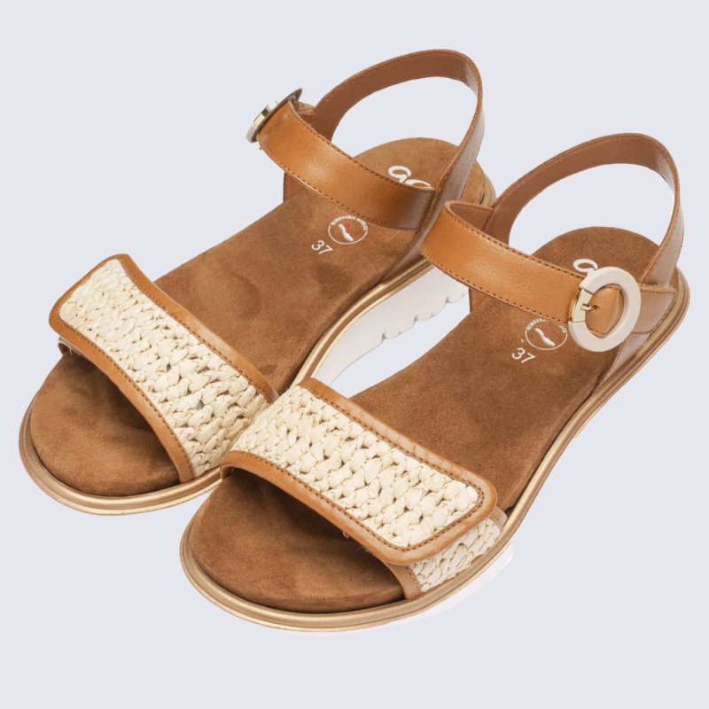 Sandale ARA, sandale compensée femme en cuir cognac nature