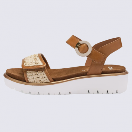 Sandale ARA, sandale compensée femme en cuir cognac nature