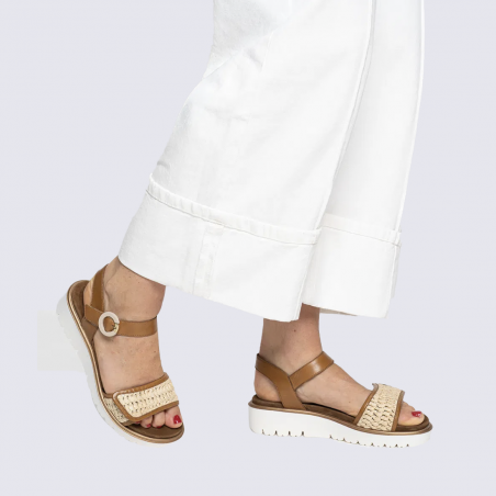 Sandale ARA, sandale compensée femme en cuir cognac nature