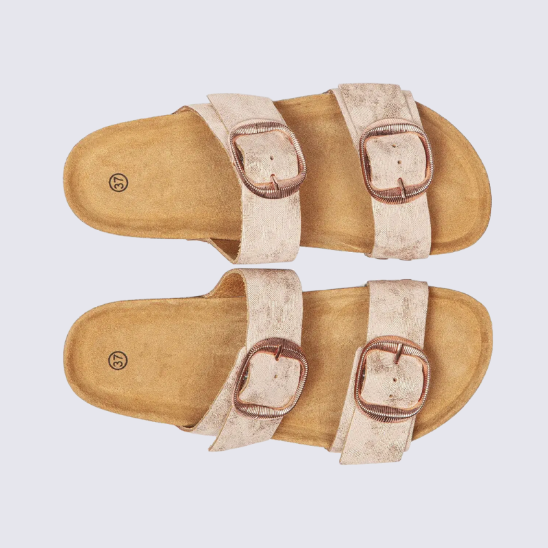 Mule arima gamme Aros, mule femme double bride en cuir nude rosé à boucles cuivrées