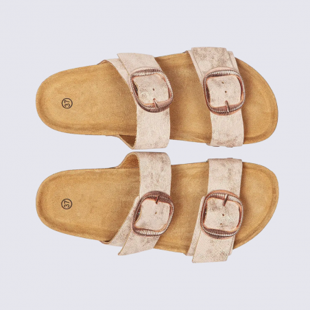 Mule arima gamme Aros, mule femme double bride en cuir nude rosé à boucles cuivrées