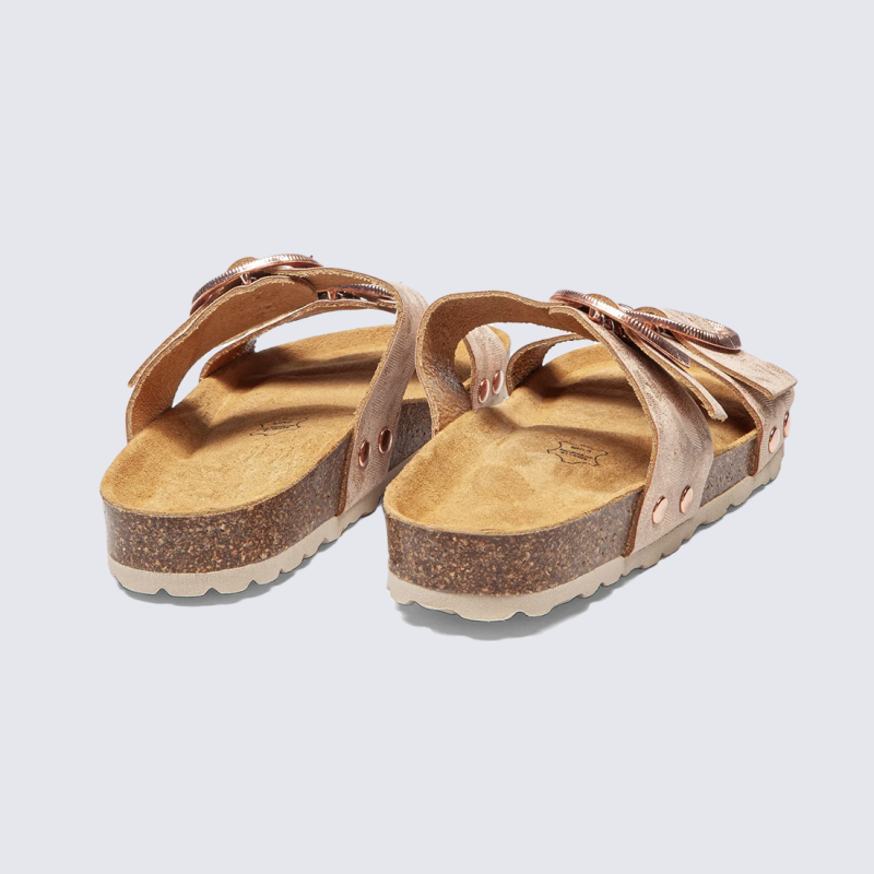 Mule arima gamme Aros, mule femme double bride en cuir nude rosé à boucles cuivrées