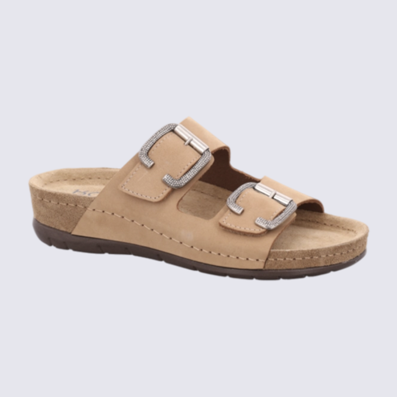 Mules Rohde, mules confort et durable double bride femme en cuir nubuck nature