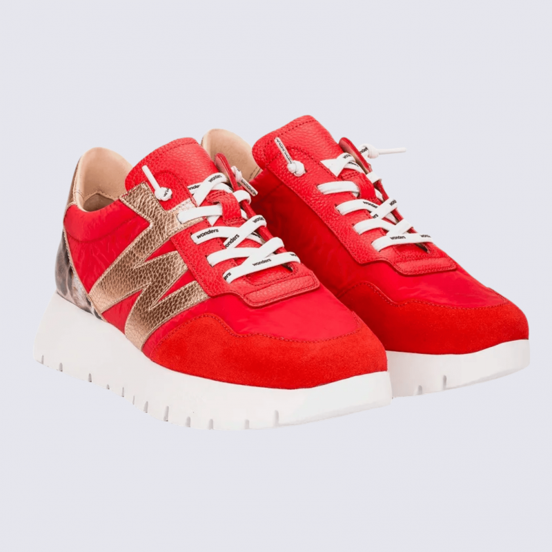 Sneakers Wonders, sneakers tendances motif W femme en cuir et nylon rouge