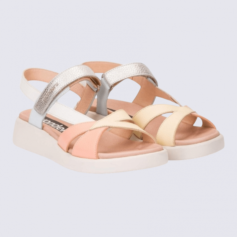 Sandales Wonders, Sandales confort fermeture velcros en cuir melon vanille