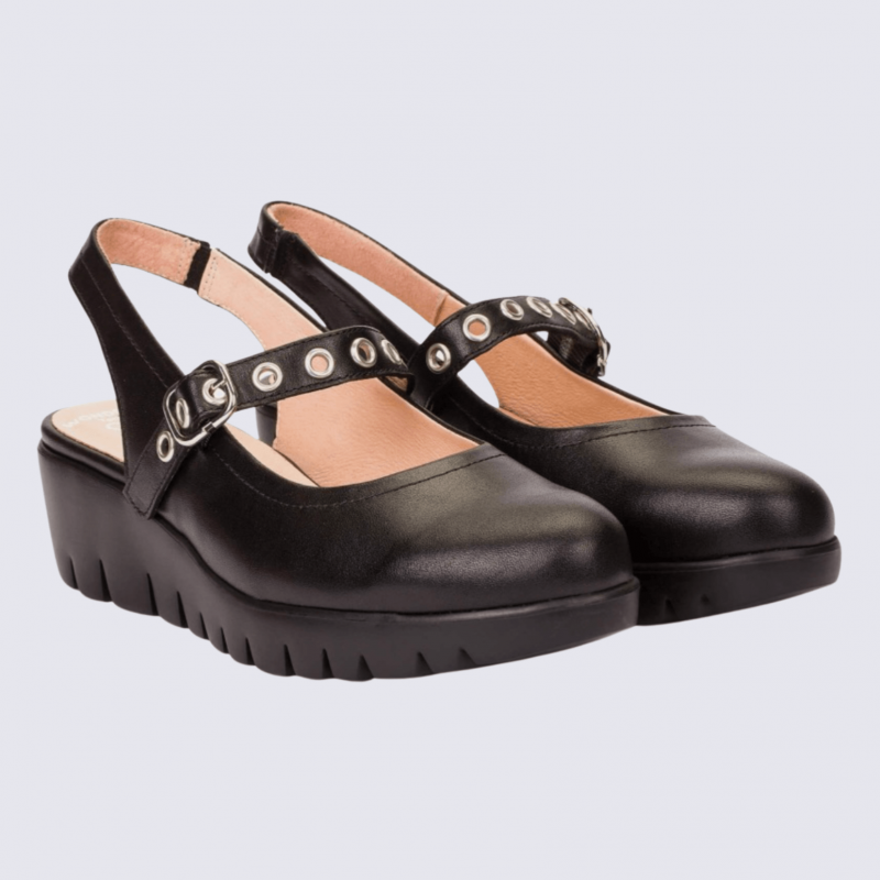 Sandales Wonders, sandales compensées femme en cuir noir
