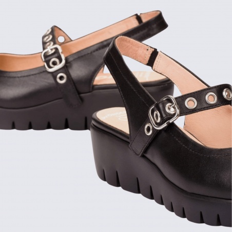 Sandales Wonders, sandales compensées femme en cuir noir