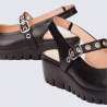 Sandales Wonders, sandales compensées femme en cuir noir
