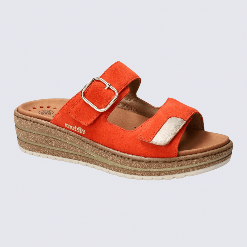 Mules Mobils, Mules confortables femme en cuir nubuck mandarine