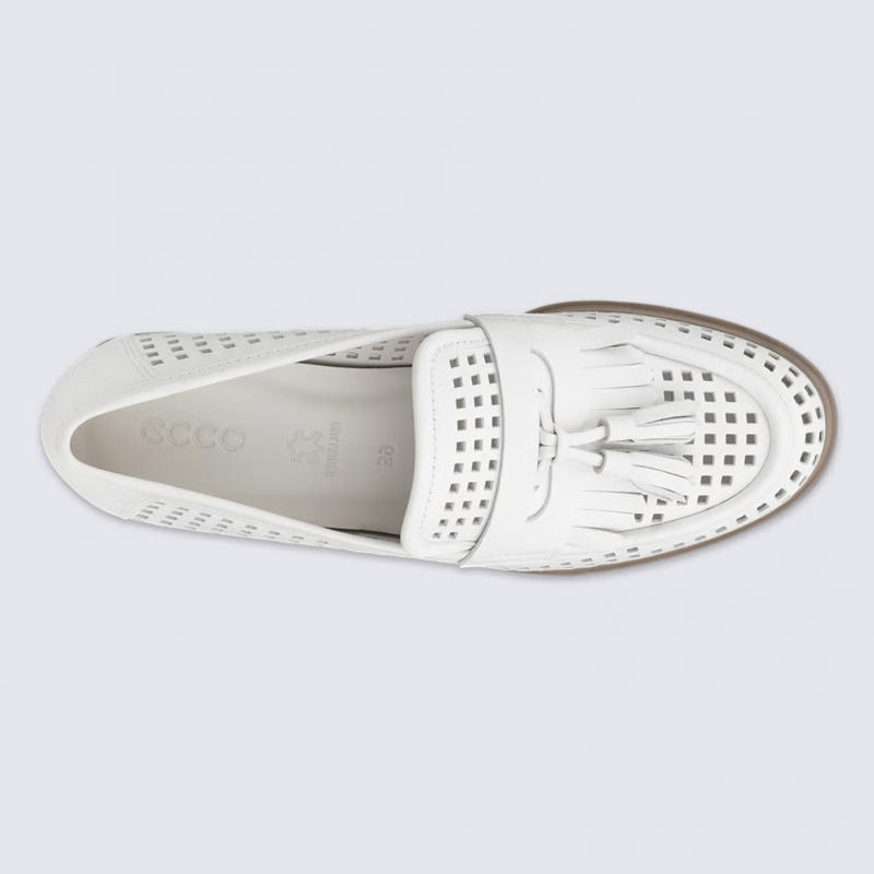 Mocassins Ecco, mocassins élégants et confortable femme en cuir lisse perforé blanc