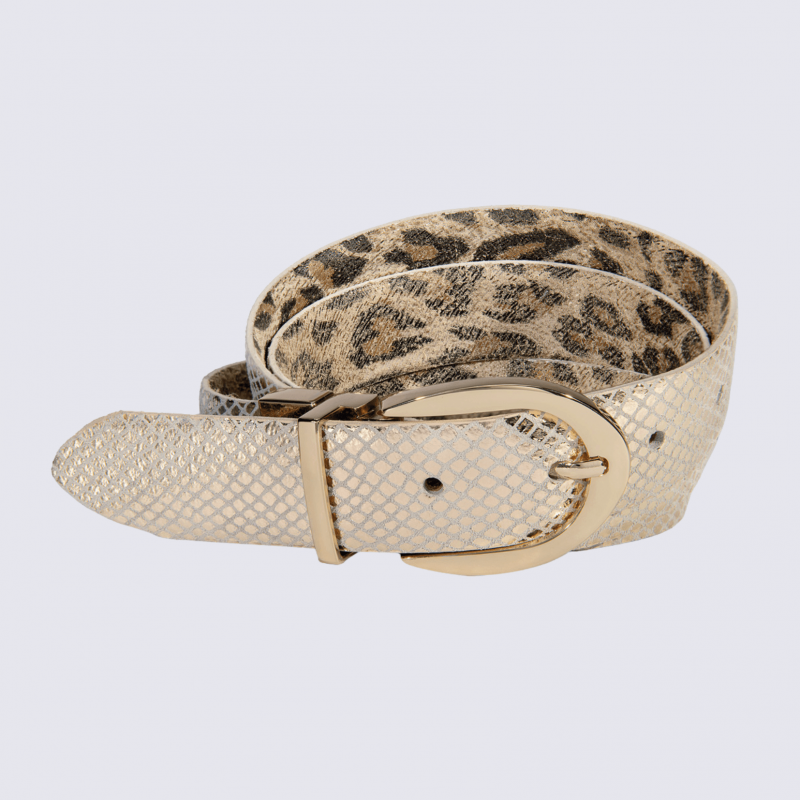 Ceinture Bernd Götz, Ceinture cuir imprimé femme en cuir léopard et or réversible avec boucle dorée