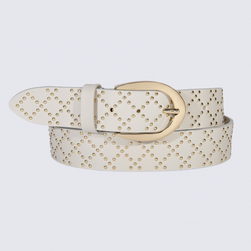 Ceinture Bernd Götz, Silbergift, Ceinture cuir imprimé femme en cuir beige et or avec boucle dorée