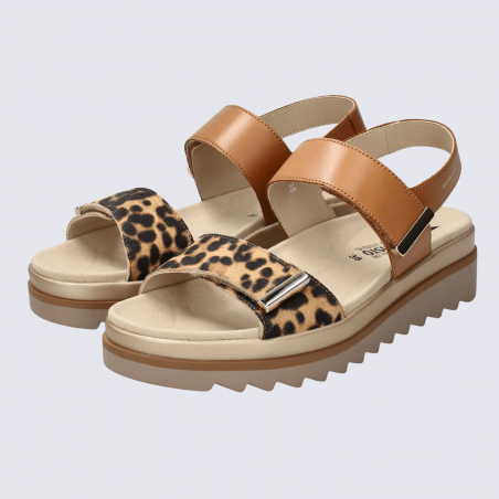 Sandales Mephisto, sandales à talons compensés look sport femme en cuir animal et brun