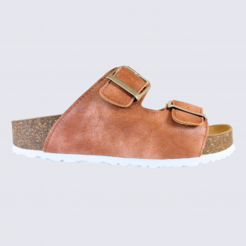 Mule Arima gamme Aros, mule femme double bride en cuir cognac
