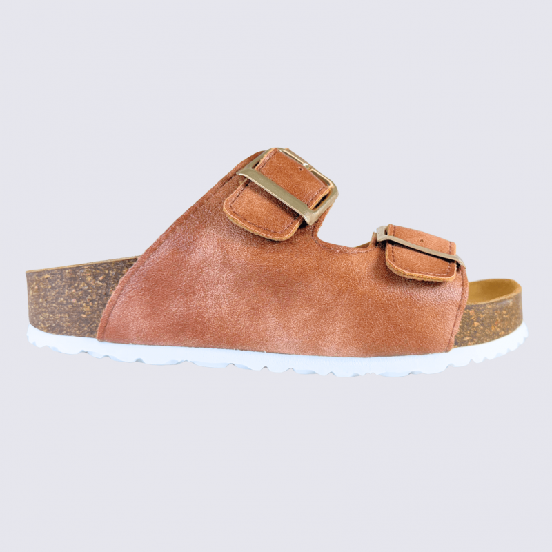 Mule Arima gamme Aros, mule femme double bride en cuir cognac