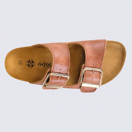Mule Arima gamme Aros, mule femme double bride en cuir cognac