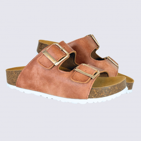 Mule Arima gamme Aros, mule femme double bride en cuir cognac