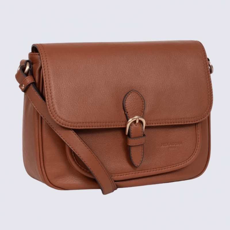 Sac porté travers Hexagona, sac porté travers en cuir terre