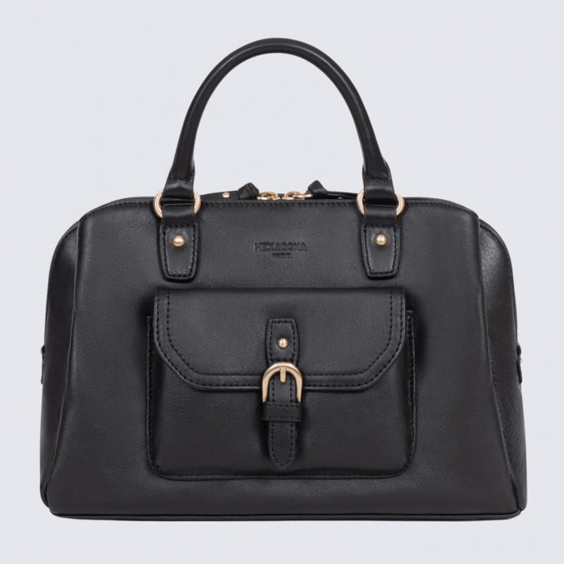 Sac porté main deux poignées Hexagona, sac porté main deux poignées en cuir noir