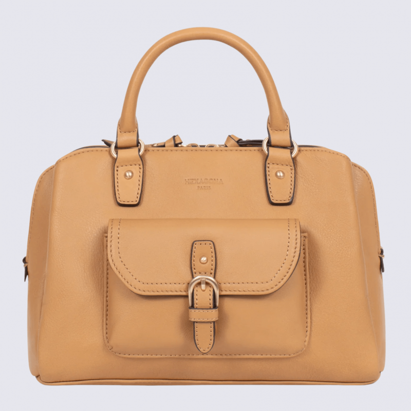 Sac porté main deux poignées Hexagona, sac porté main deux poignées en cuir havane