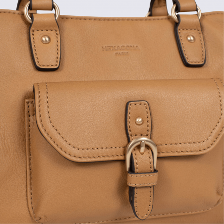 Sac porté main deux poignées Hexagona, sac porté main deux poignées en cuir havane
