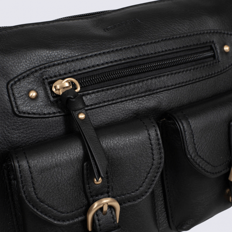 Sac porté travers Hexagona, sac porté travers en cuir noir