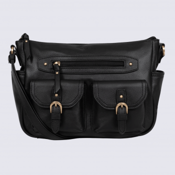 Sac porté travers Hexagona, sac porté travers en cuir noir