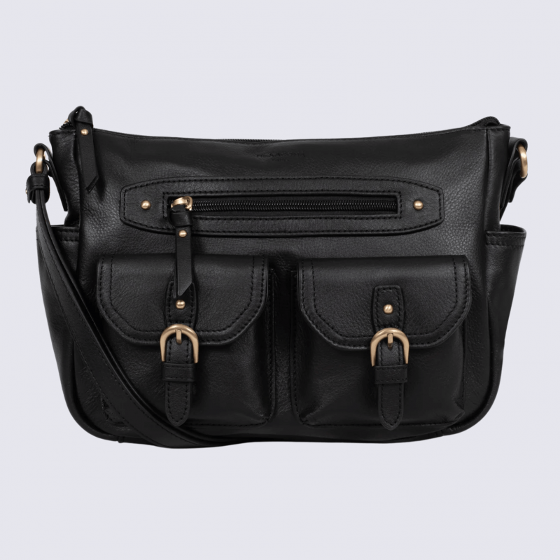Sac porté travers Hexagona, sac porté travers en cuir noir