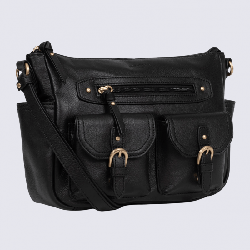 Sac porté travers Hexagona, sac porté travers en cuir noir