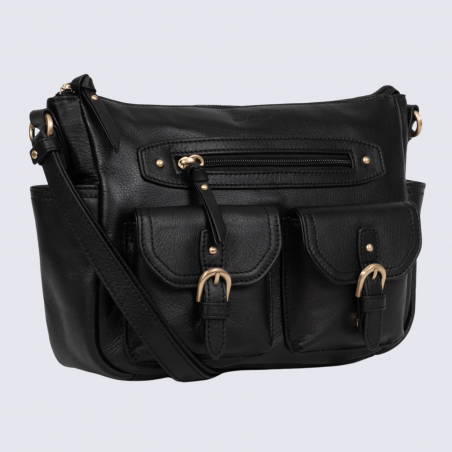 Sac porté travers Hexagona, sac porté travers en cuir noir