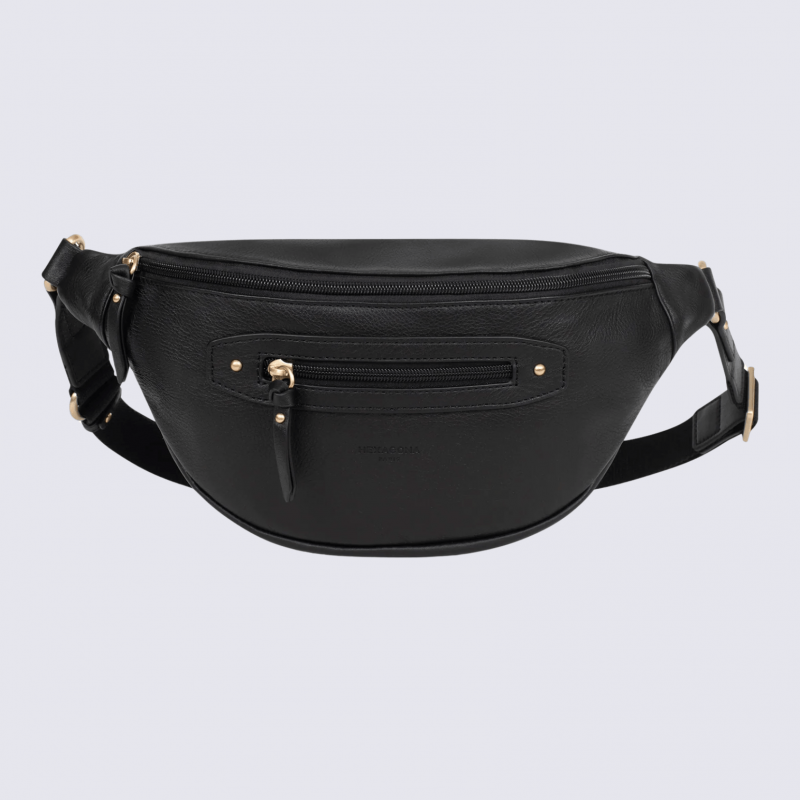 Sac porté travers Hexagona, sac porté travers en cuir noir