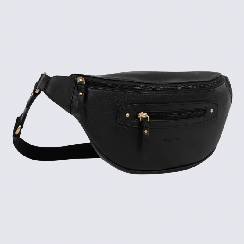 Sac porté travers Hexagona, sac porté travers en cuir noir