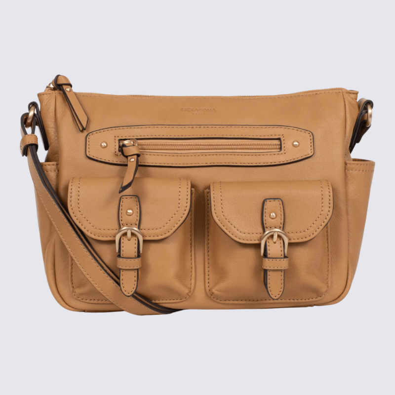 Sac porté travers Hexagona, sac porté travers en cuir havane