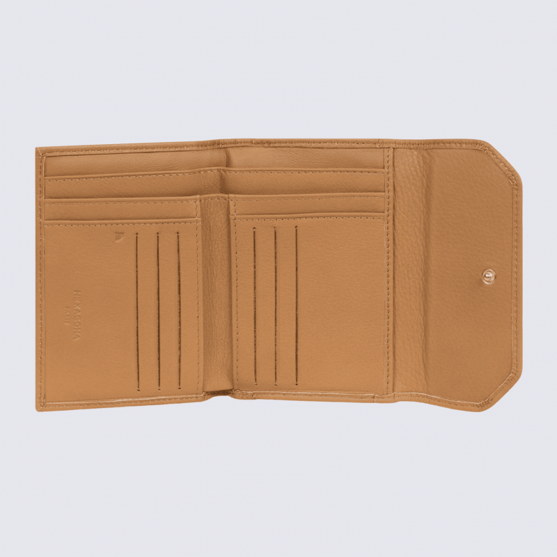 Portefeuille Hexagona, Portefeuille femme en cuir de vachette havane