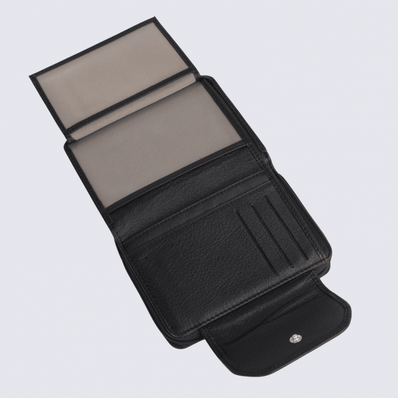 Portefeuille Hexagona, Portefeuille femme en cuir de vachette noir